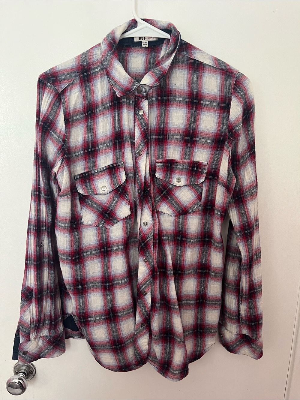 Women’s Plaid Button-Up Shirt - Wine & White